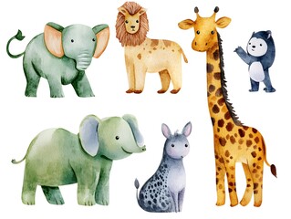 Naklejka premium Adorable Watercolor Safari Animals Elephants Lion Giraffe Hyena