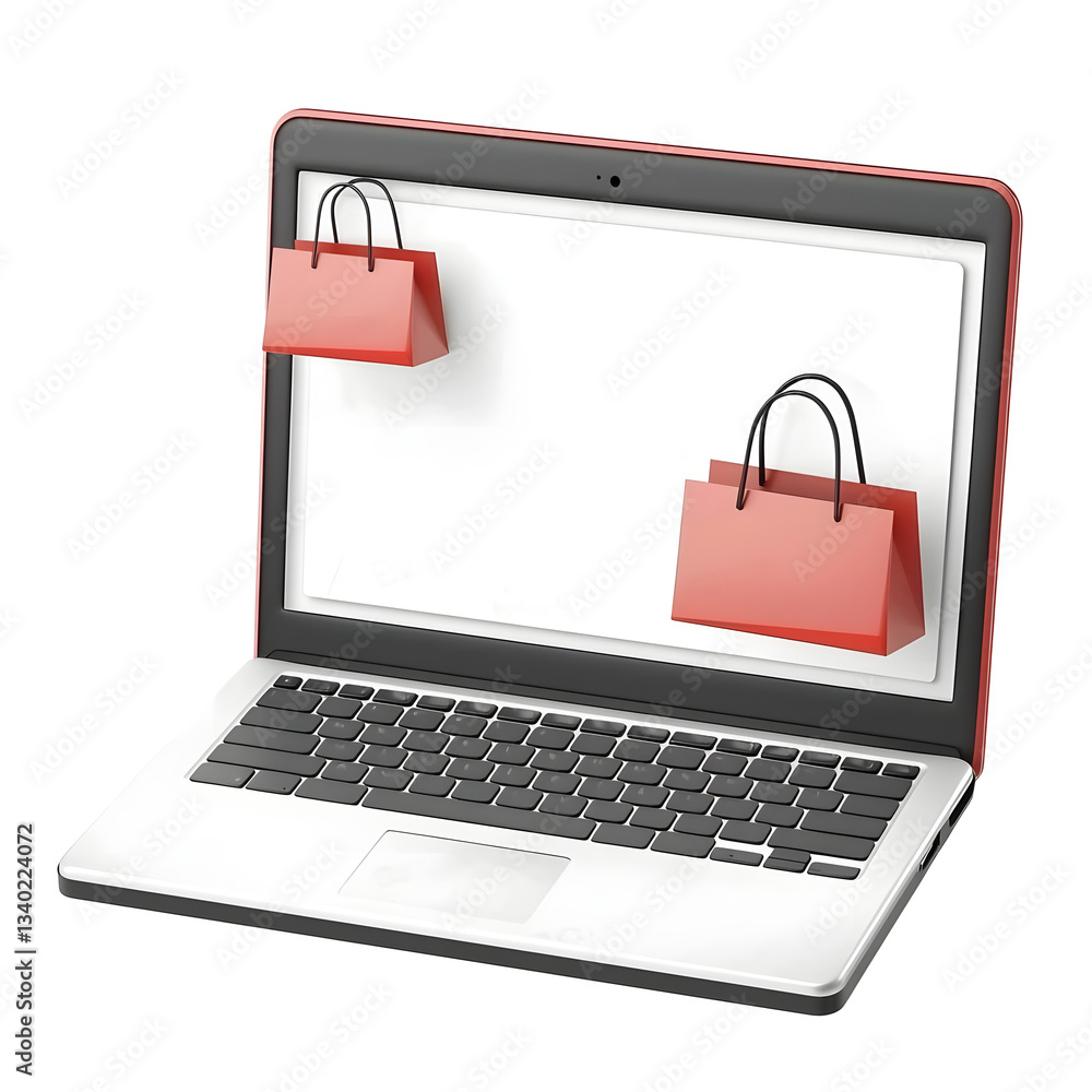 Fototapete a modern and visually appealing 3d laptop mockup showcasing red shopping bags on a transparent backg