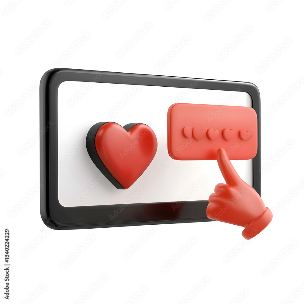 Leinwandbilder A modern and stylish 3D heart notification icon floating within a shimmering reflective speech bubble representing social media interactions and digital appreciation