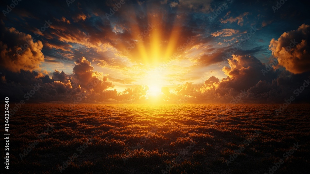 Poster a gorgeous field of grass with the sun setting behind the hills creating a perfectly serene natural 