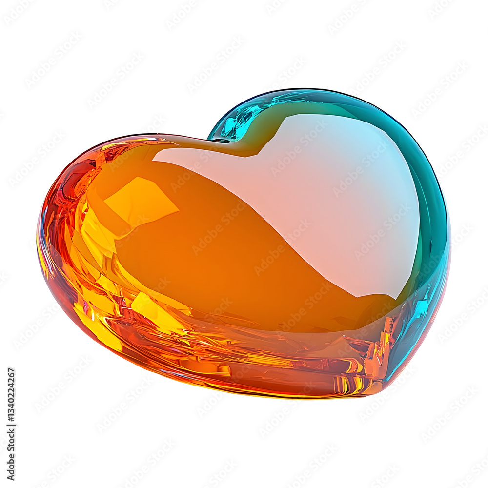 Poster a vibrant abstract heart shaped sculpture made of transparent multicolored glass with a dazzling ref