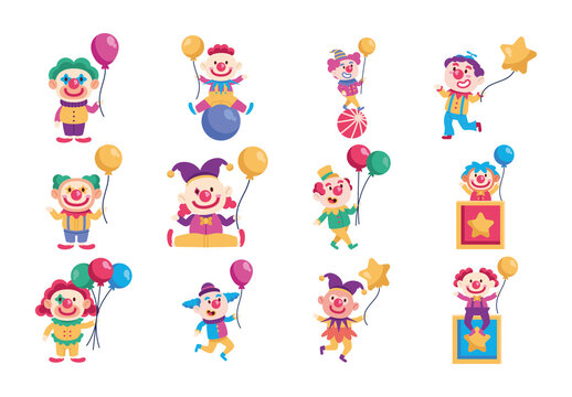 Colorful Funny Circus Clown Illustration Set
