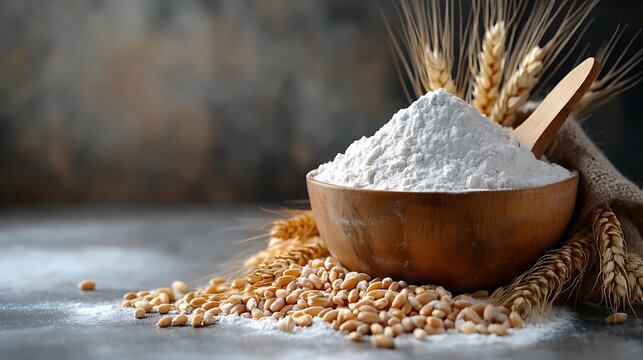 Wooden bowl of wheat flour with grains and stalks.