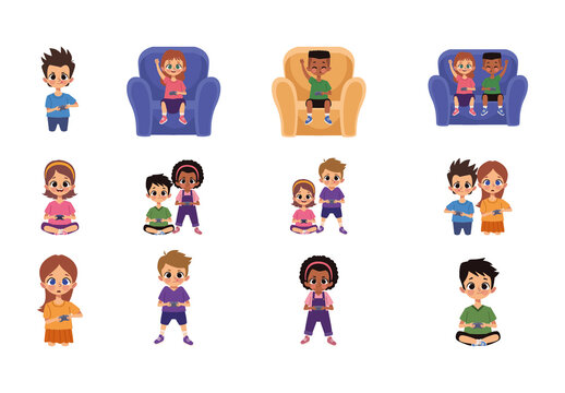 Colorful Kids Playing Video Games Illustration Set