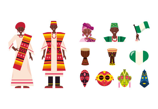 Colorful Nigeria Culture Traditional African Illustration Set