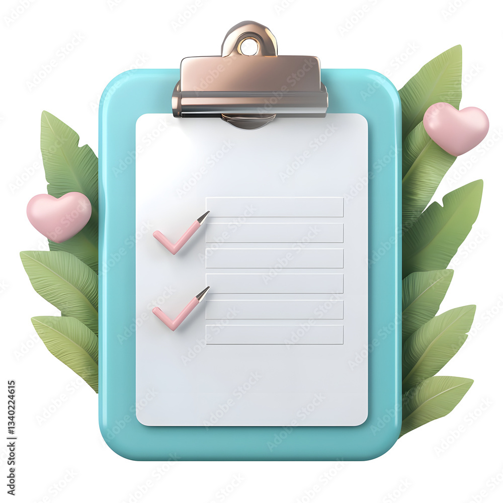 Poster a glossy crystalline 3d of a teal clipboard with a white checklist accented by green leaves and pink
