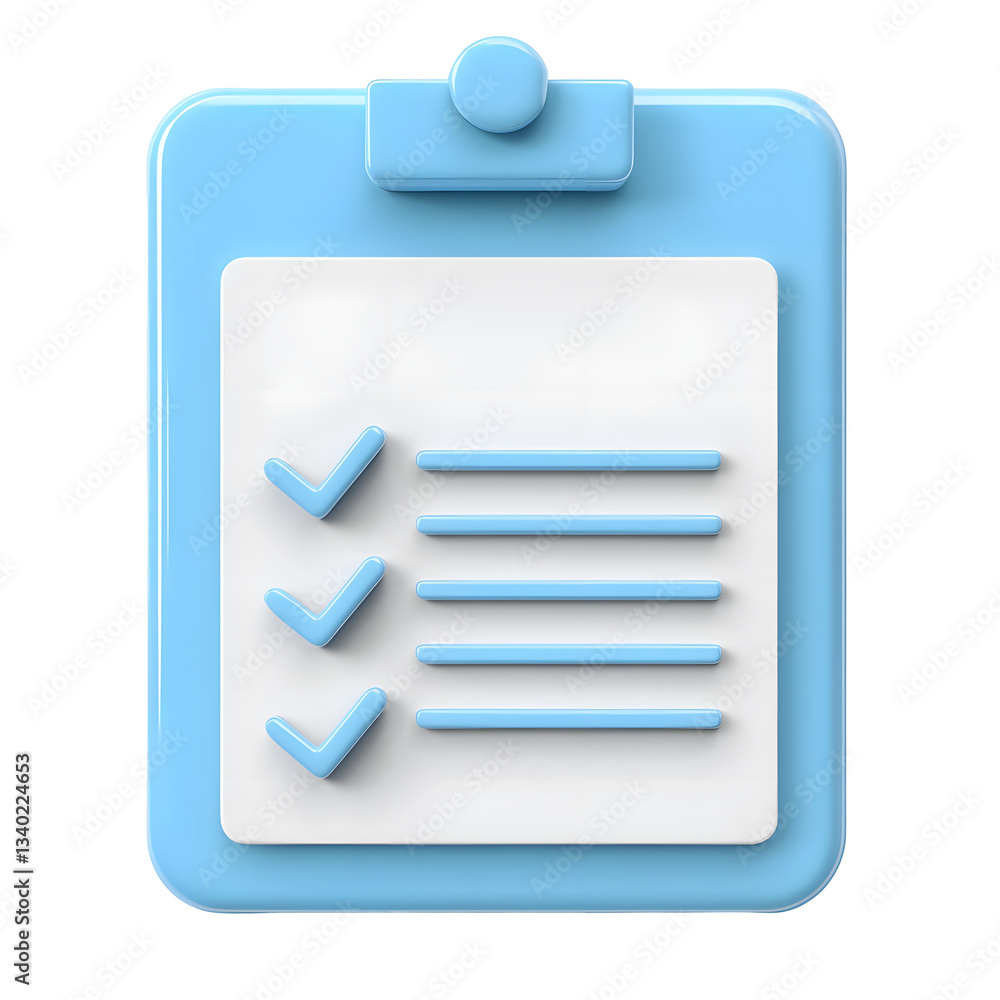 Poster A 3D crystalline reflective clipboard with a checklist layout symbolizing productivity efficiency and organization in a clean modern design