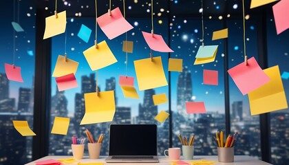 Floating colorful sticky notes in a cozy, creative workspace with warm lighting
