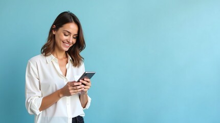 A young businesswoman is smiling brightly while holding a phone in her hand.







