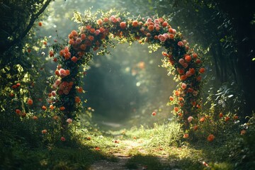 A romantic floral wedding arch adorned with vibrant roses, set in a sunlit forest glade