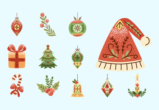 Green And Red Christmas Holiday Decoration Ornaments Icons Set