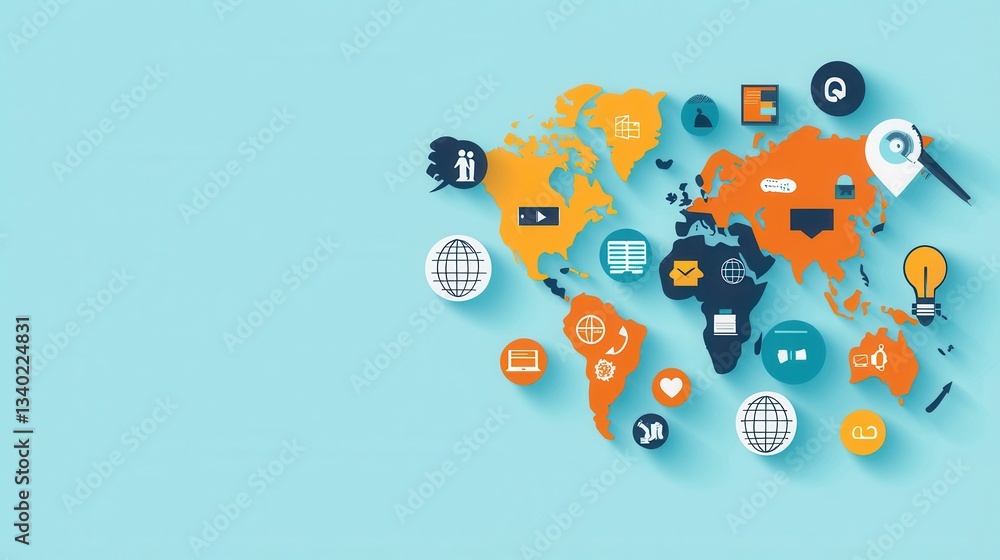 Poster colorful world map with icons representing global communication and technology