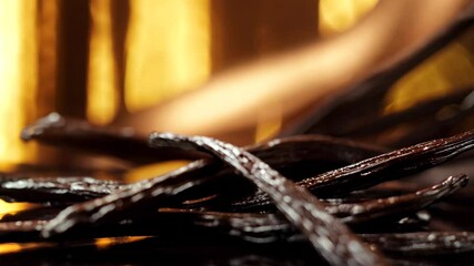 A luxurious close-up of dried vanilla beans arranged on a sleek, reflective surface with warm, golden lighting. The rich texture and deep brown hues highlight the premium quality of the vanilla