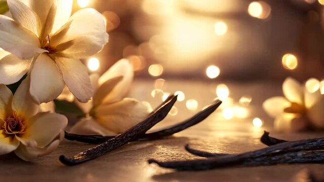 A beautifully arranged composition of dried vanilla beans and delicate white blossoms, set against a softly glowing bokeh background. The warm, golden tones and elegant details evoke a sense of luxury