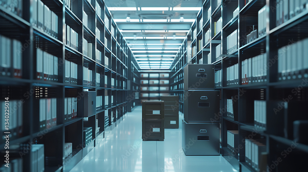 Poster vast, sterile archive or storage room with endless rows of shelves filled with binders and boxes und