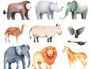 Adorable Watercolor Safari Animals  Elephant  Lion  Giraffe  Bear