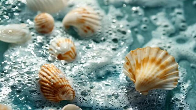 A close-up of delicate seashells resting on soft ocean foam, creating a tranquil and refreshing seaside atmosphere. The combination of intricate shell textures and shimmering bubbles captures 