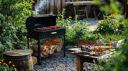 backyard barbecue setup next to well maintained garden with grill, wooden table, and fresh vegetables