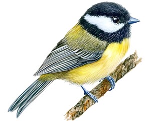 Naklejka premium Great Tit Watercolor Painting Bird on Branch Wildlife Art