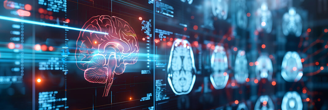 Futuristic medical interface displaying human brain scans (MRI/CT) alongside neurological data analysis. Concept for healthcare technology, neuroscience, AI diagnostics.

