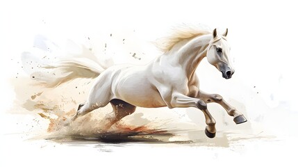 An elegant white horse gallops dynamically with artistic watercolor effect