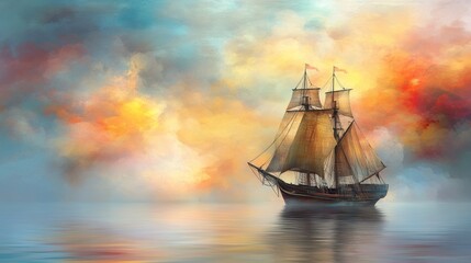 Fototapeta premium A painting of a sailing ship at sunset on a calm sea. Warm colors dominate the sky, reflecting on the water. The ship is dark against the bright sky, creating a dramatic effect.