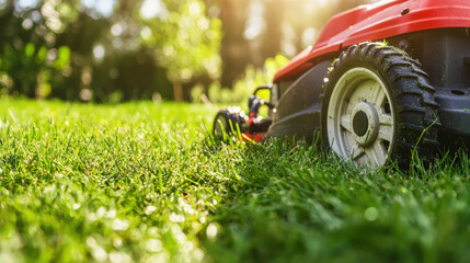 close up of lawn mower cutting grass in sunny garden, highlighting fresh green grass and mower wheel