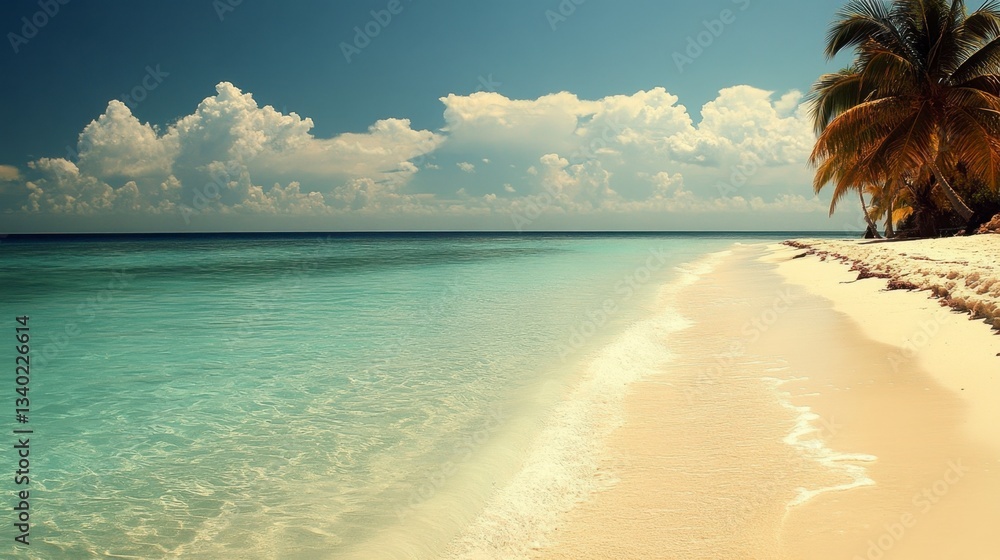 Poster tranquil beach scene with turquoise water lapping a sandy shore, under a partly cloudy sky. palm tre