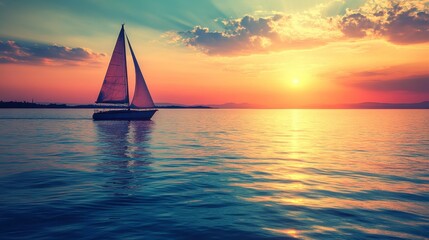 Sailboat on calm water at sunset, vibrant colors reflecting on the surface, picturesque scene.