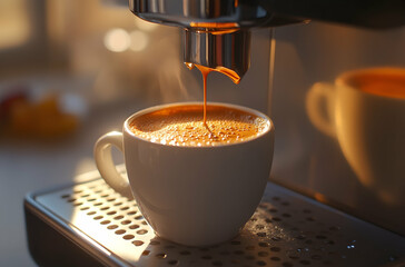 Steaming Espresso Coffee Being Brewed Freshly in a White Mug in a Cozy Kitchen Setting with Warm Lighting and European Elegance