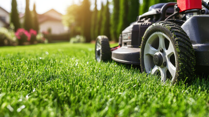 close up of vibrant green grass freshly mowed, showcasing lawnmower in action