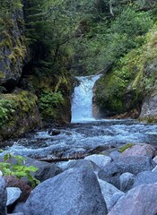  Lava Canyon Falls south of Mount St. Helens, waterfall hike to where the river and waterfall flow from where the flood after the eruption scoured out the canyon, mt. saint helens national monument