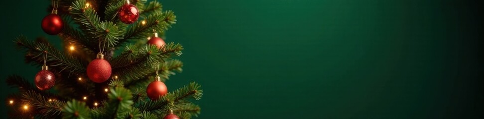 Fototapeta premium Christmas tree with sparkly ornaments and fuzzy lights, set against a dark green background, winter wonderland, festive atmosphere