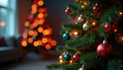 Christmas tree decorated with ornaments and fairy lights, winter, light, decorative