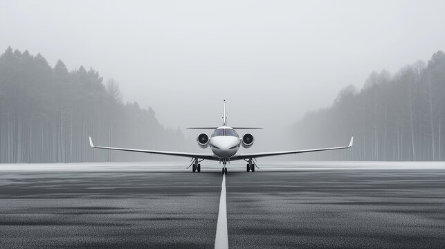 Front View of Business Jet on Tarmac in Foggy Conditions.