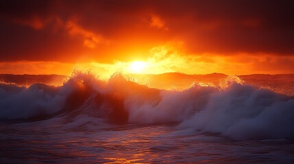 Fototapeta premium Fiery sunset over crashing ocean waves.