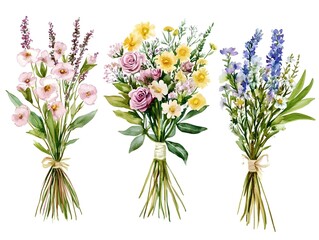 Obraz premium Watercolor Wildflower Bouquets Roses Lavender Daisies