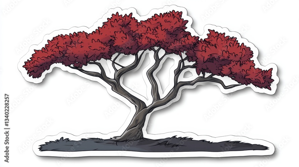 Poster illustration of a stylized tree with dark red leaves and a gray trunk against a white background. th