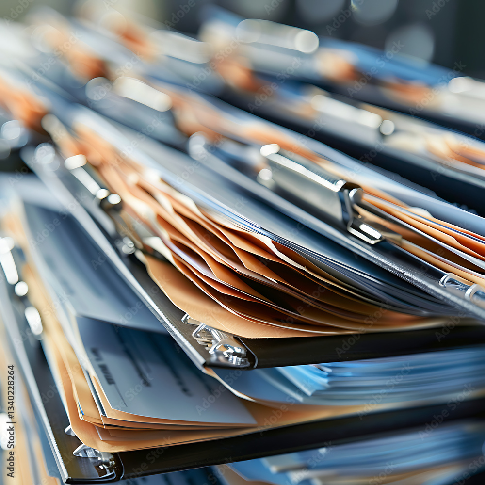 Poster close-up view of numerous hanging file folders filled with documents in a cabinet. concept for offic