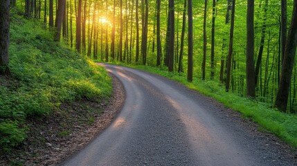 Obraz premium Sunlit gravel road curves through lush green forest at sunset. Warm light illuminates path, creating serene atmosphere. 