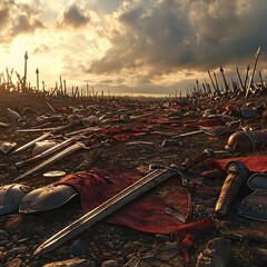 A medieval battlefield scattered with fallen weapons