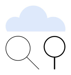 Magnifying glasses exploring ideas below a cloud symbolizing data storage and analysis. Ideal for technology, cloud computing, digital search, exploration, big data, research, and innovation. Flat