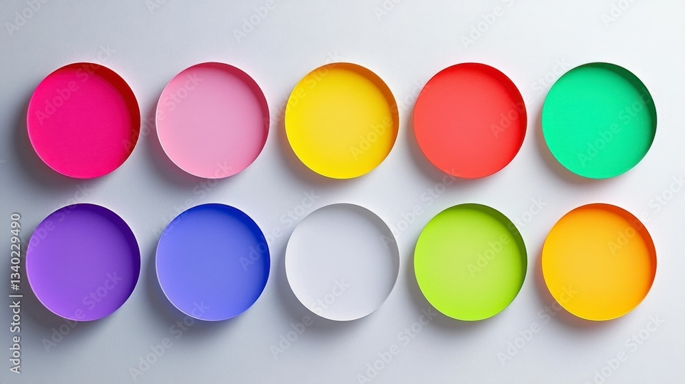 Poster ten colorful circles arranged in two rows on a light gray background. each circle is a different vib