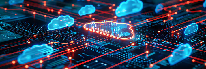Cloud computing network concept. Glowing blue clouds connected by data streams on a circuit grid, with one red cloud highlighted representing a security threat or focus.

