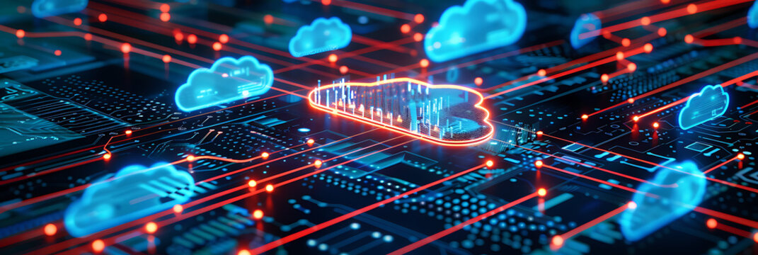 Cloud computing network concept. Glowing blue clouds connected by data streams on a circuit grid, with one red cloud highlighted representing a security threat or focus.

