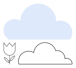 Tulip flower in line art next to outlined cloud and soft blue gradient cloud. Ideal for nature, spring, seasons, weather, gardening, minimalism, eco themes. Flat simple metaphor