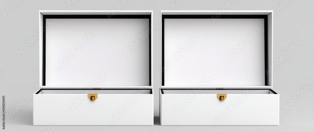 Poster two opened white rectangular boxes with gold latches on a gray background. empty interior is visible