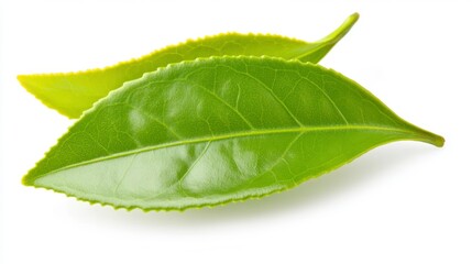 Obraz premium Two vibrant green tea leaves, glistening and fresh, are captured against a stark white background. The image showcases the detail and texture of the leaves.