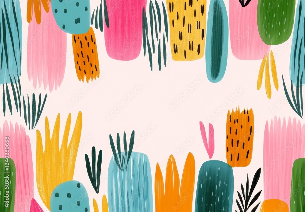 Poster abstract art print with colorful organic shapes and textures, creating a vibrant and playful mood. p