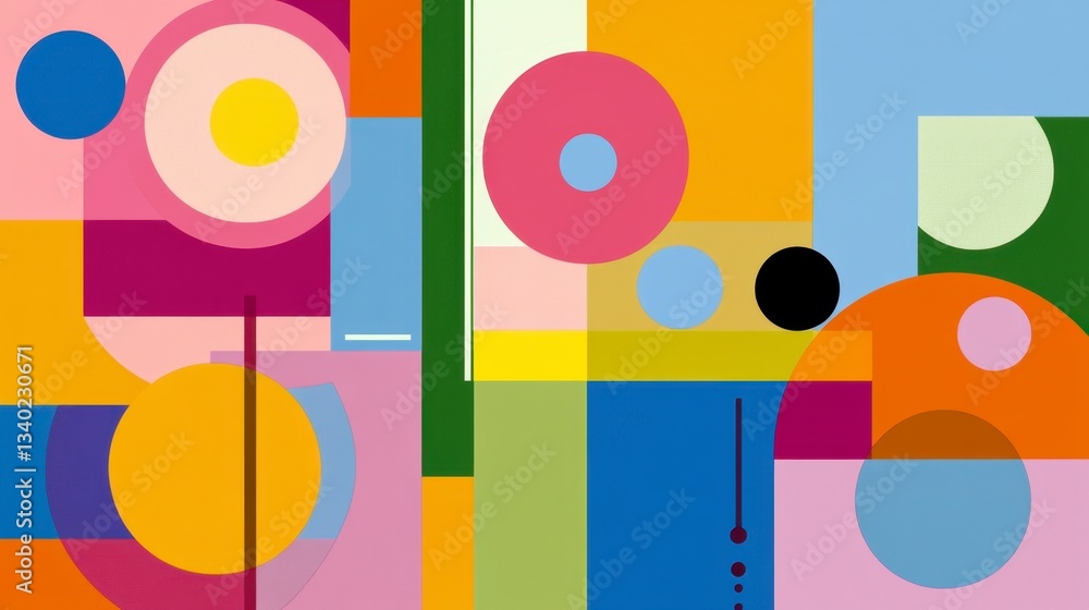 Poster abstract geometric art with vibrant colors and overlapping shapes. circles, rectangles, and other fo